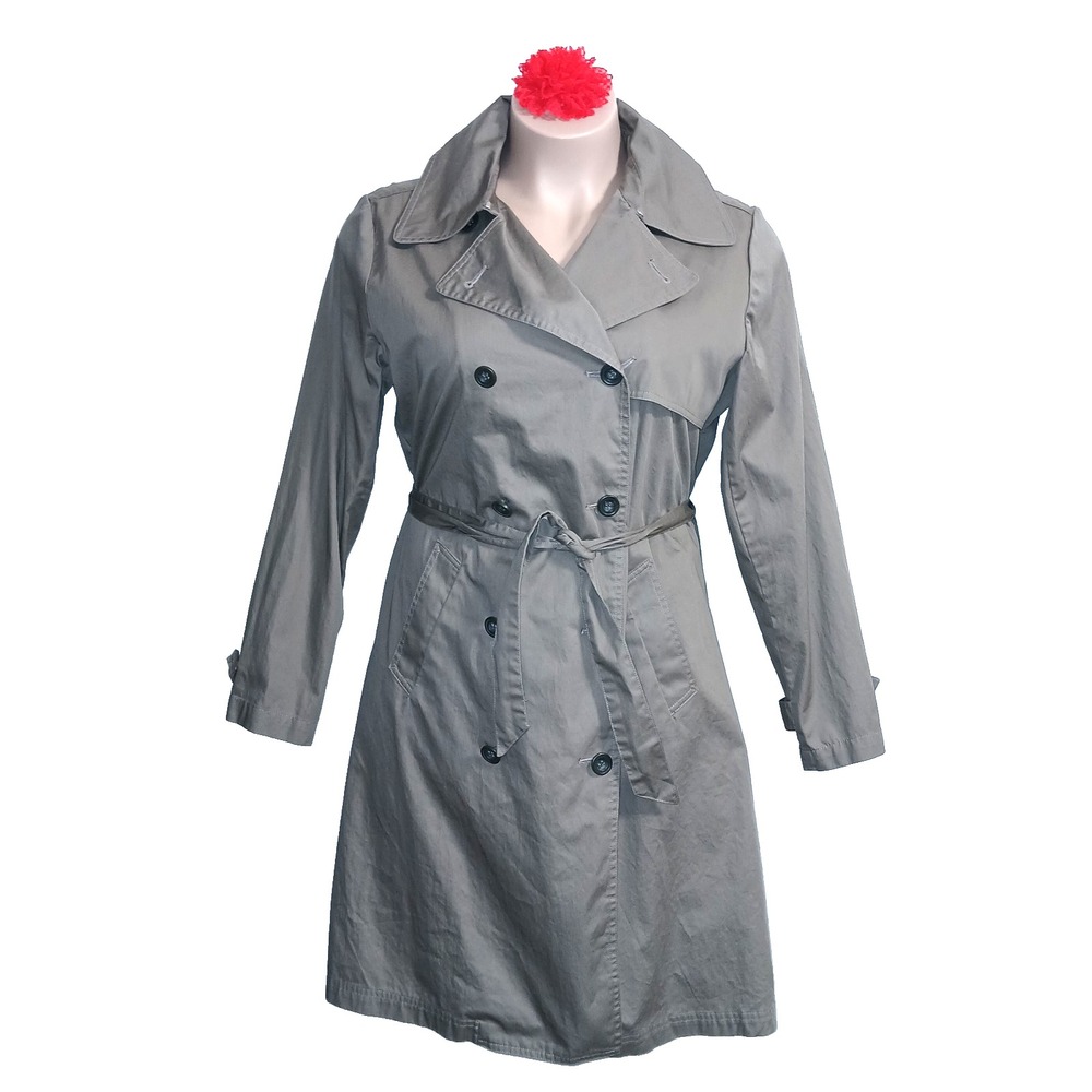 Garnet Hill Cotton Women Trench Coat Large Taupe Double Breasted Jacket Classic